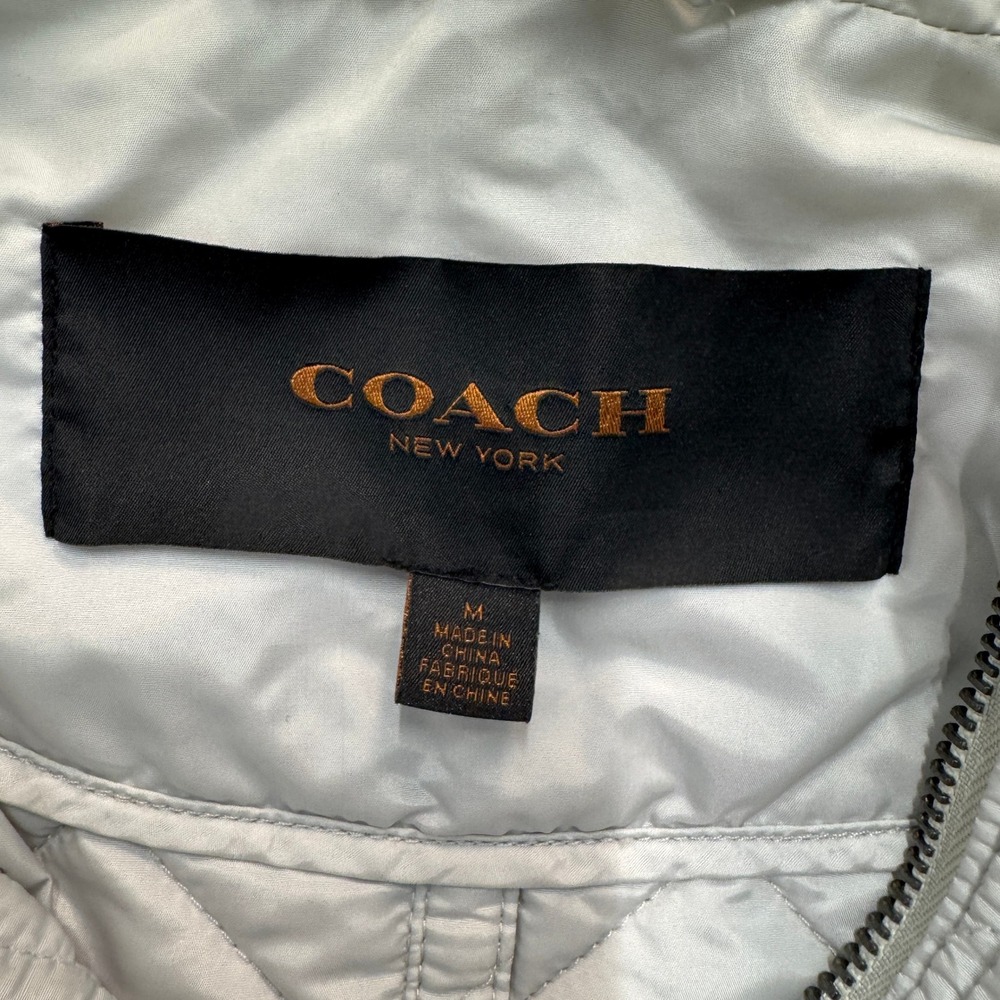 Coach New York Quilted Jacket Womens Medium Gray Cinched Waist Leather Trim M - Picture 8 of 11